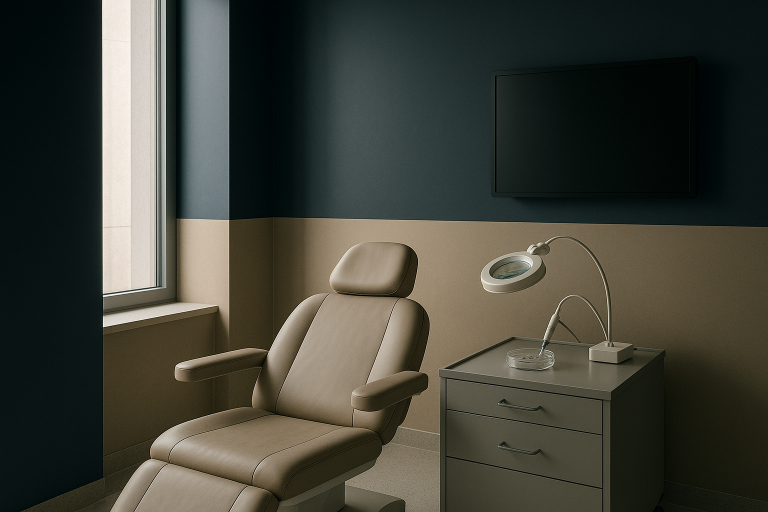 DHI hair transplant procedure in a modern clinic with a specialist using an implanter pen.