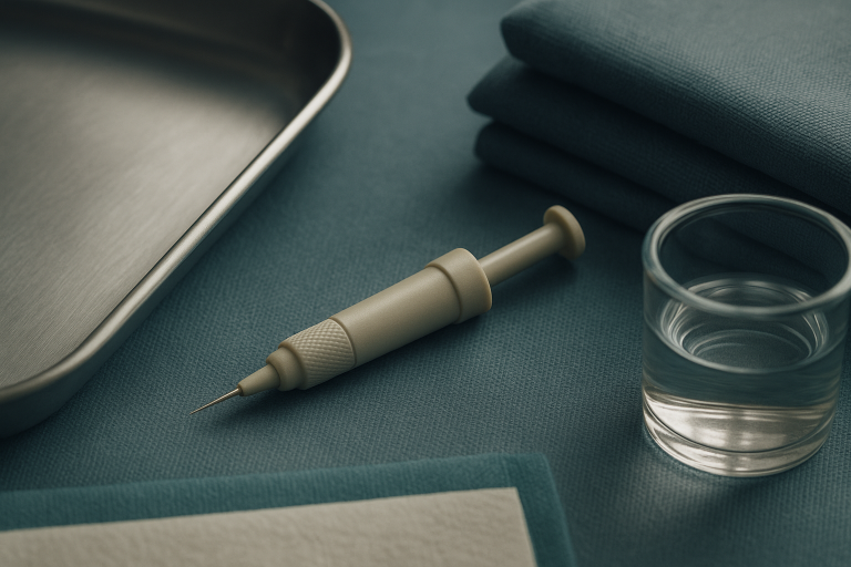 Surgeon conducting DHI hair replacement using a Choi Implanter Pen in a clinical setting.