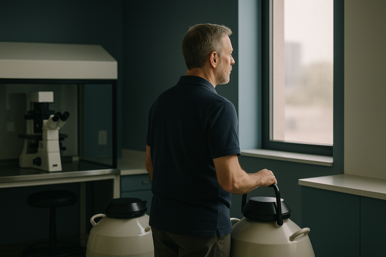 Technician handling cryopreservation tanks in an embryology lab, illustrating egg freezing cost process.
