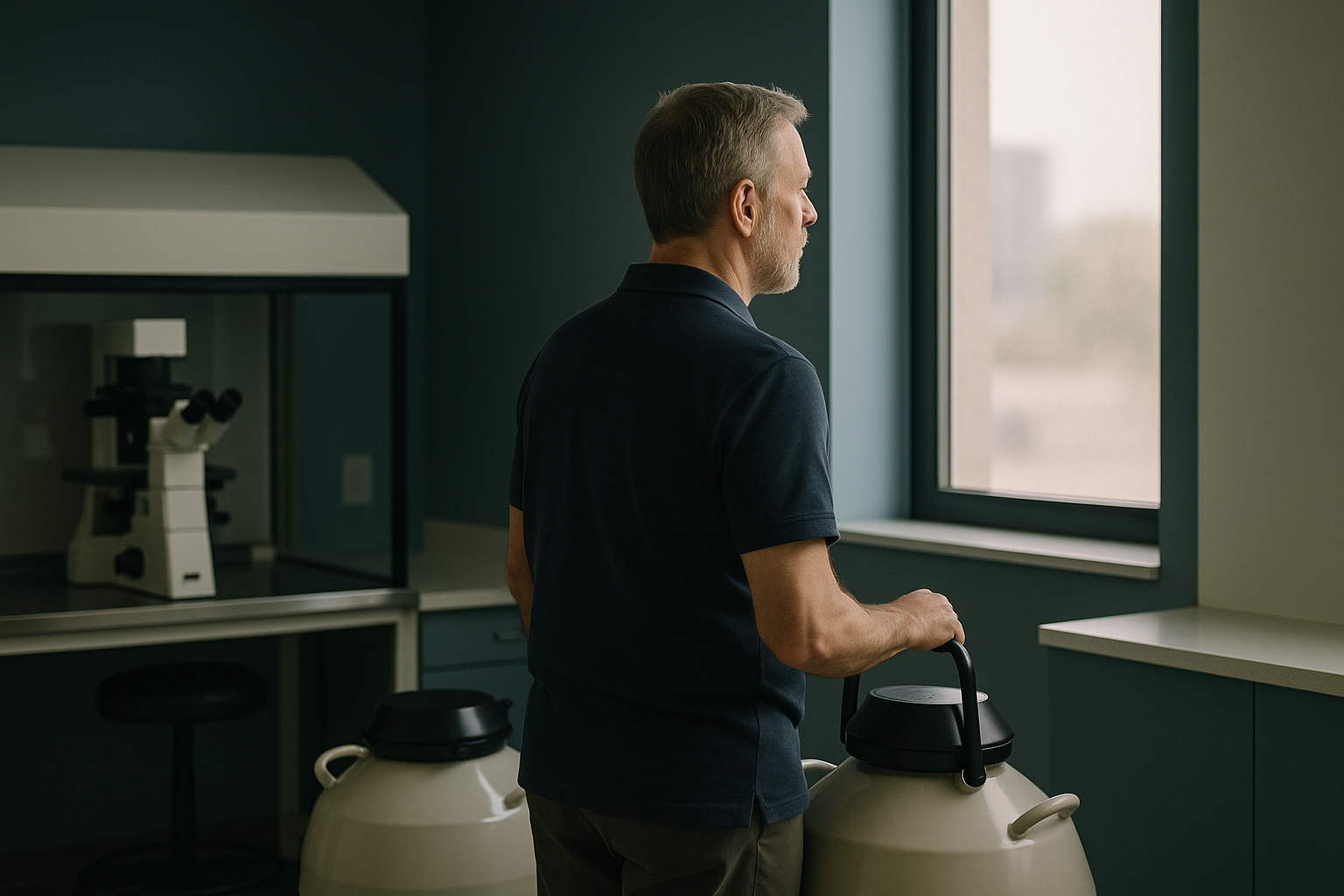 Technician handling cryopreservation tanks in an embryology lab, illustrating egg freezing cost process.