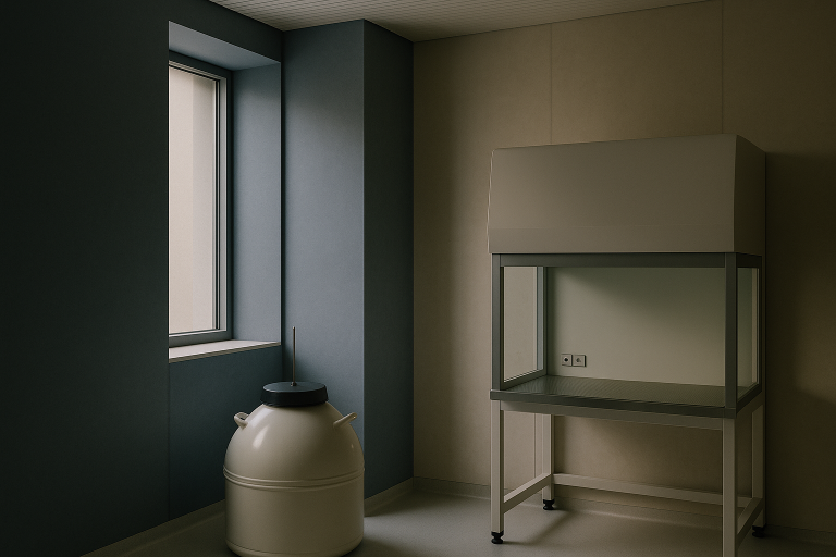 Egg freezing Spain in an embryology lab with vitrification equipment and a professional.