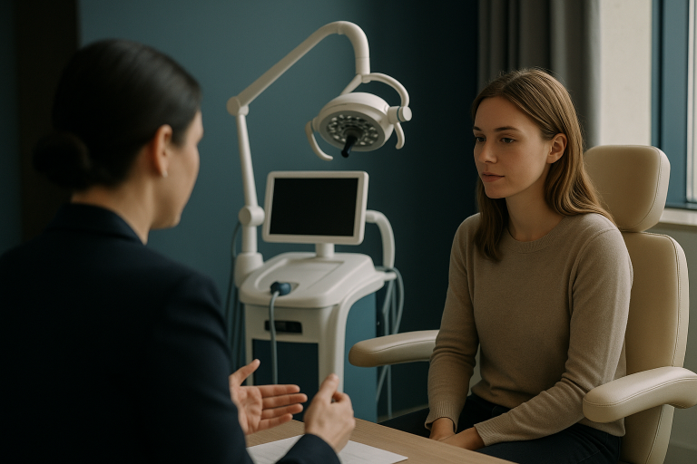 Female patient consulting at a hair transplant clinic, exploring hair restoration options.