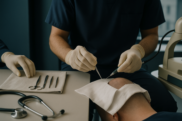 FUE hair implants procedure in a modern clinic, showcasing the extraction process.