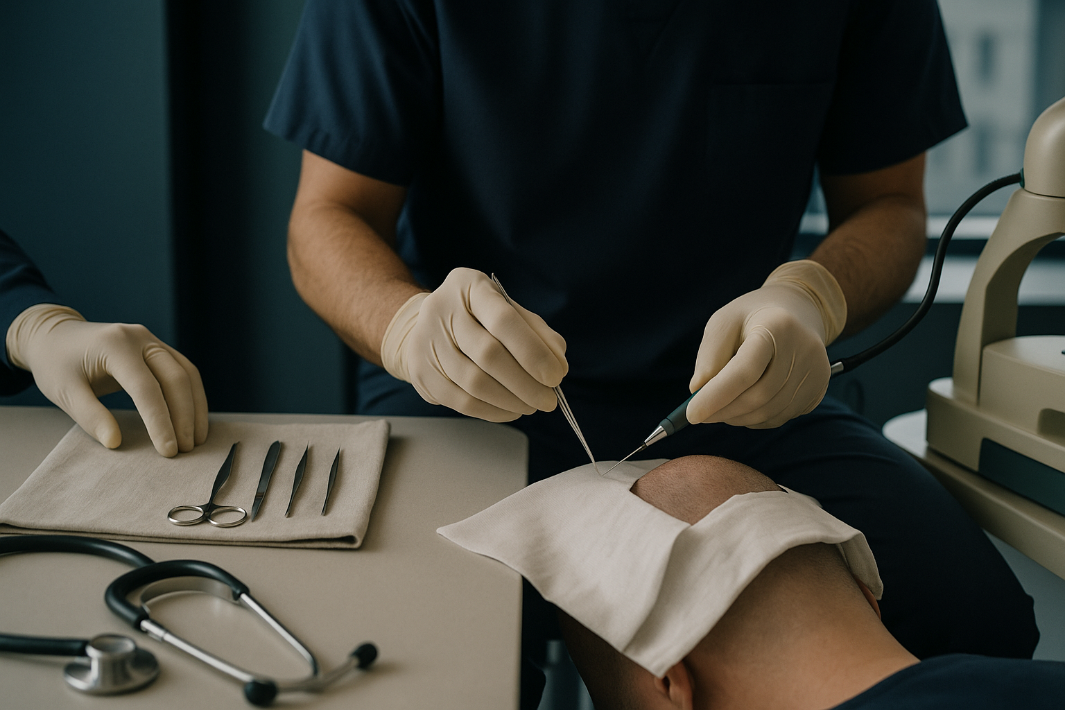 FUE hair implants procedure in a modern clinic, showcasing the extraction process.