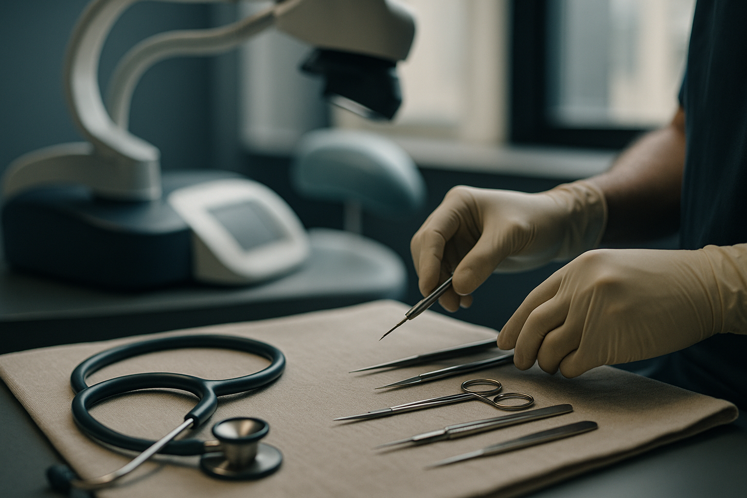 A surgeon performing FUE hair implants in a modern clinic setting.