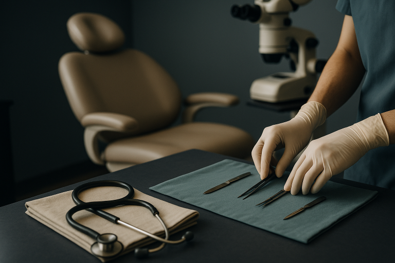 FUE hair replacement procedure in a modern clinic with advanced equipment.
