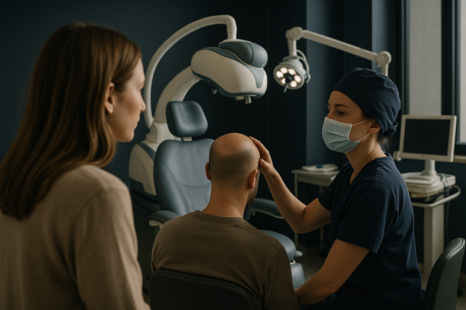 Modern clinic in Istanbul for fue hair transplant cost in Turkey, showing medical team and equipment.