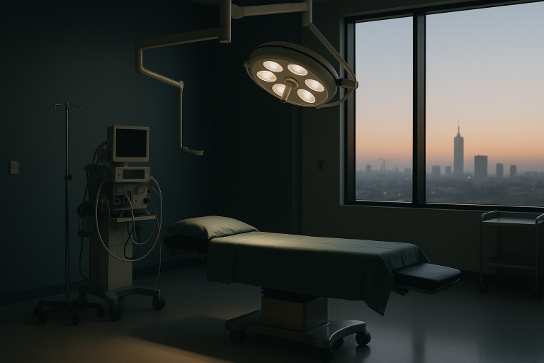 Operating theatre prepared for gastric bypass surgery with surgical team and modern equipment.