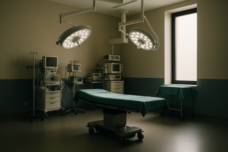 Operating theatre prepared for gastric bypass vs sleeve surgery, showcasing surgical tools and medical team.