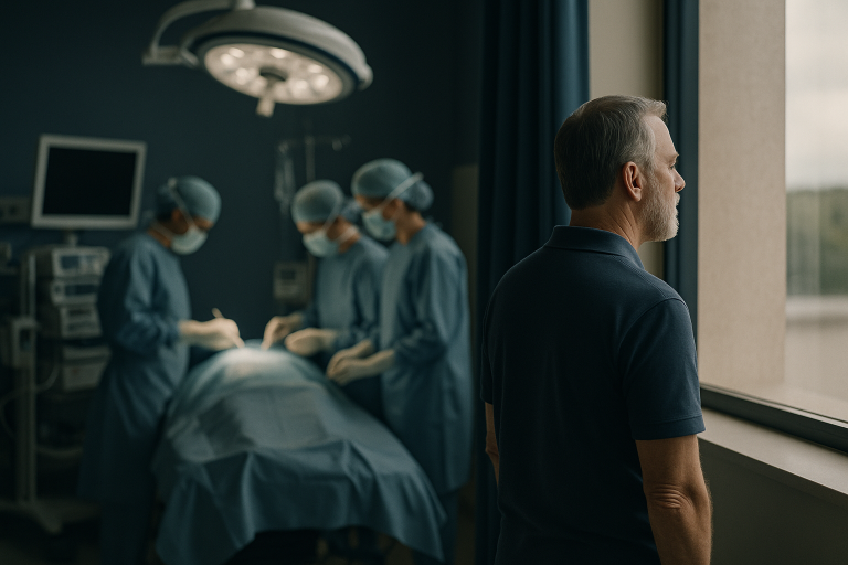 Surgical team performing gastric sleeve surgery in an operating theatre with advanced medical equipment.