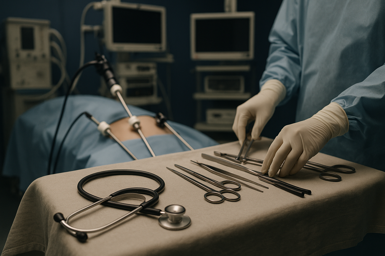 Modern operating theatre prepared for gastric sleeve surgery with advanced laparoscopic equipment.