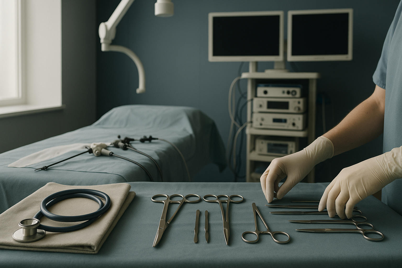 Operating theatre set for gastric sleeve surgery with cutting-edge equipment.