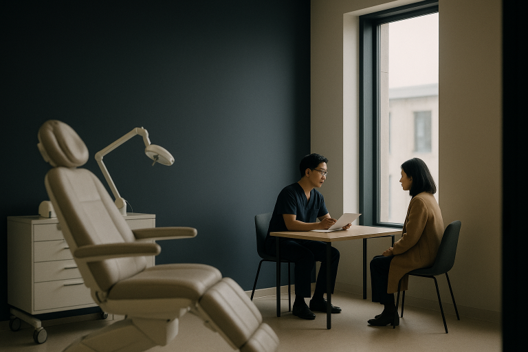 Doctor and patient discussing hair graft procedure in a modern clinic.