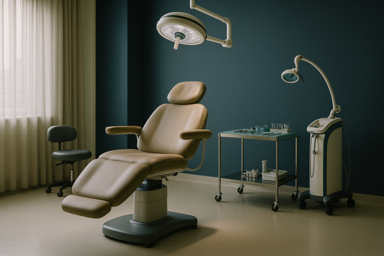 Modern clinic setting for hair implants, showing surgical tools and patient chair.