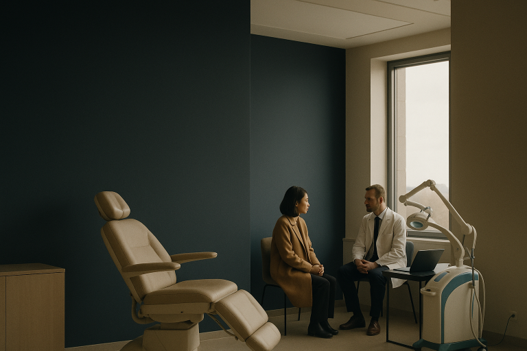 A professional consultation room in a modern hair transplant clinic, illustrating the setting for discussing hair plugs cost.