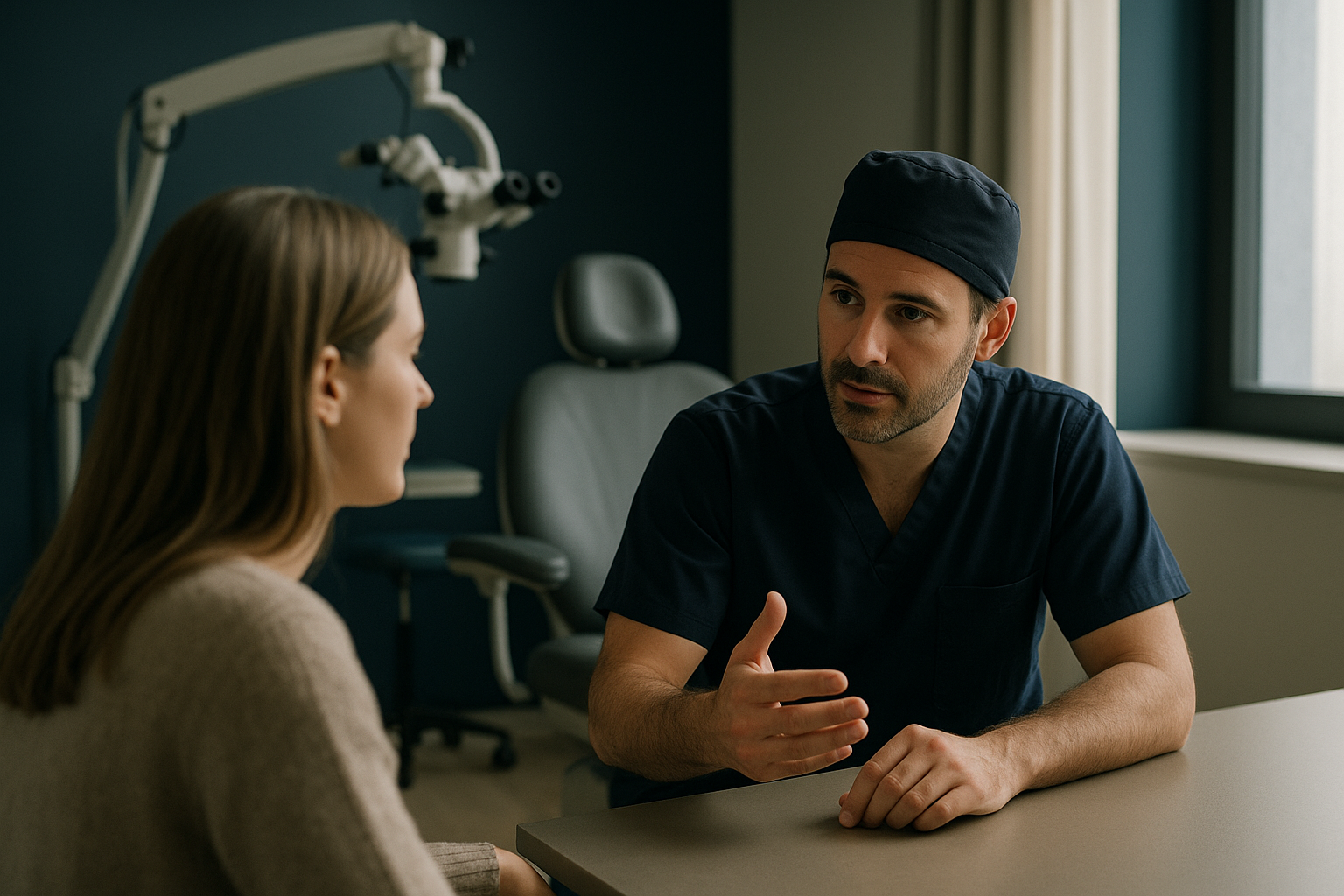 A hair transplant clinic consultation room featuring hair plugs discussion with a patient.