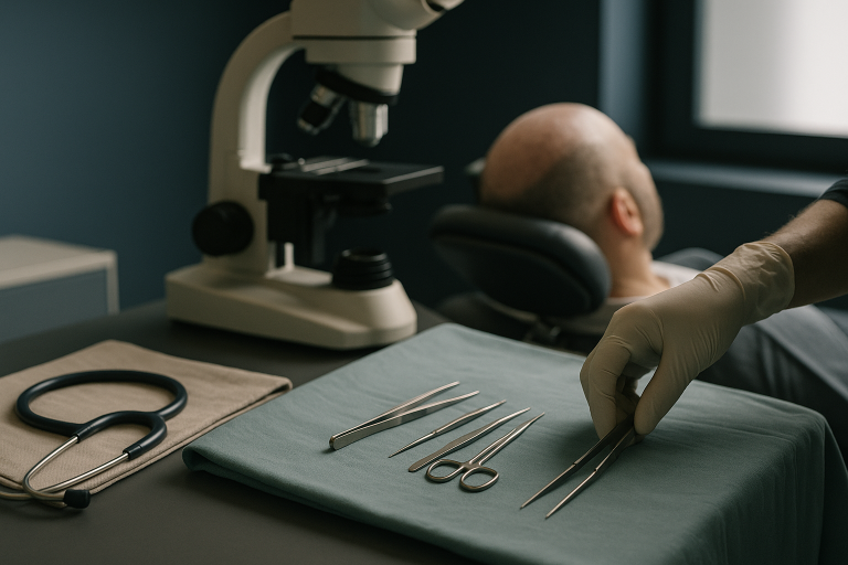 Hair plugs procedure in a modern Istanbul clinic, showcasing advanced equipment and skilled medical staff.