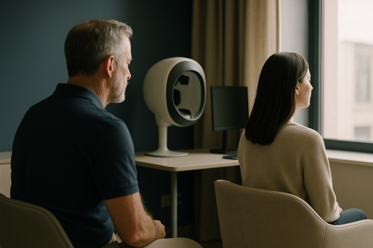 Female patient consultation for hair replacement in a modern clinic, showcasing hair analysis equipment.