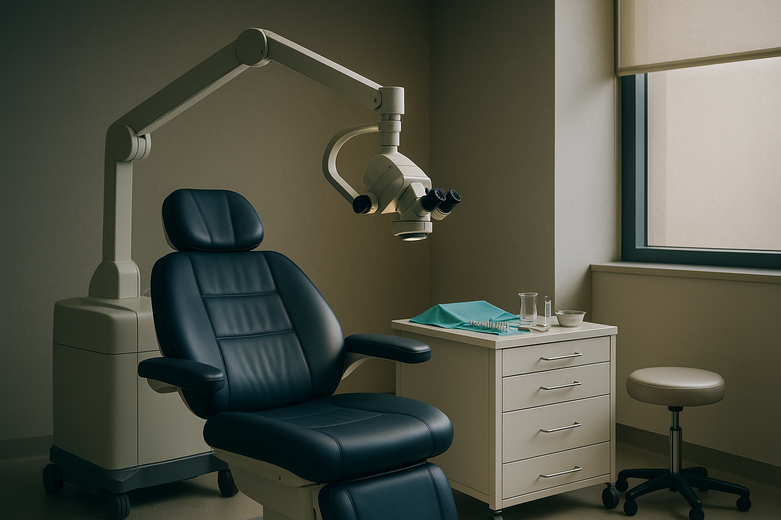 A modern clinic room set up for hair replacement for women, featuring DHI hair transplant equipment.