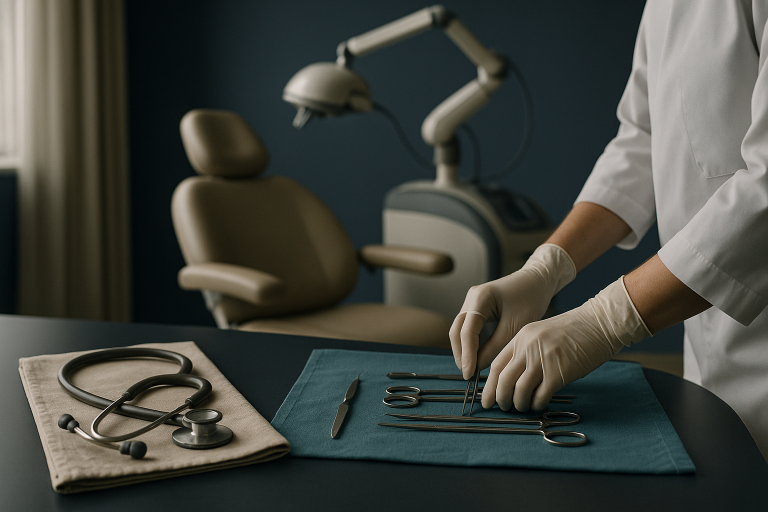 Hair restoration consultation in a clinic with a specialist discussing hair transplant options.