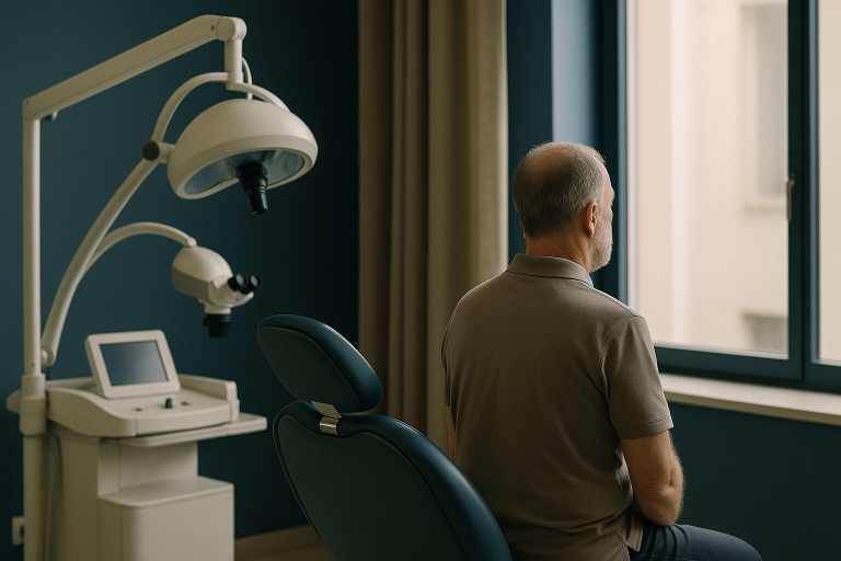 Hair transfer procedure in a modern clinic with FUE equipment.