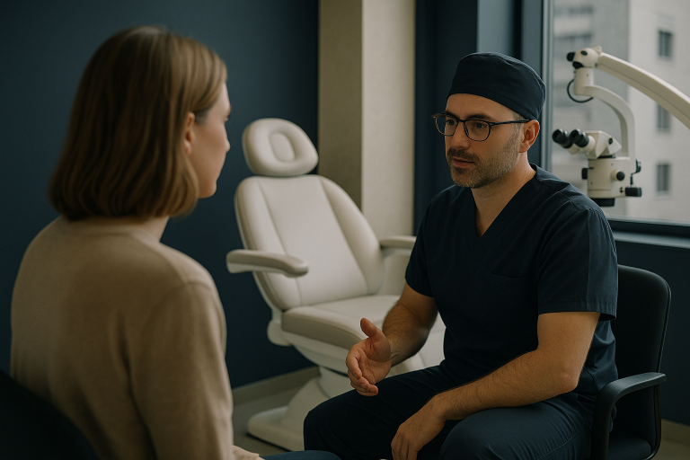 Hair transplant cost Turkey - modern clinic in Istanbul with surgeon and patient consultation.