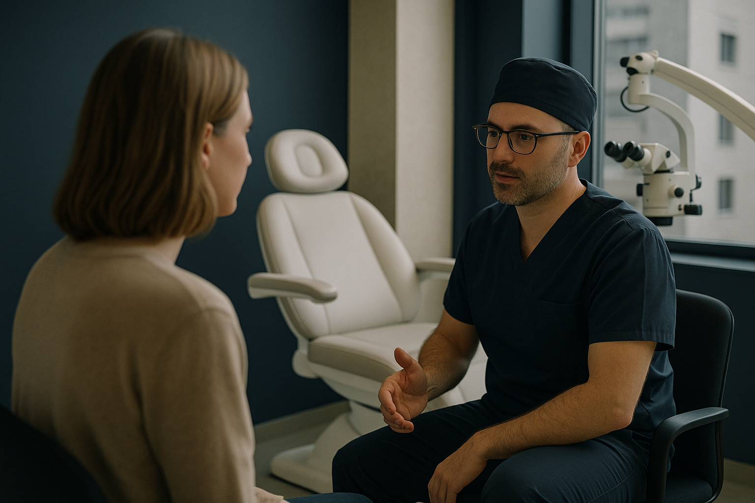 Hair transplant cost Turkey - modern clinic in Istanbul with surgeon and patient consultation.