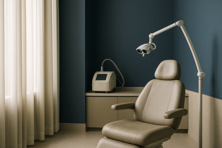 Modern hair transplant clinic featuring advanced equipment and a surgeon discussing a hair restoration procedure with a patient.