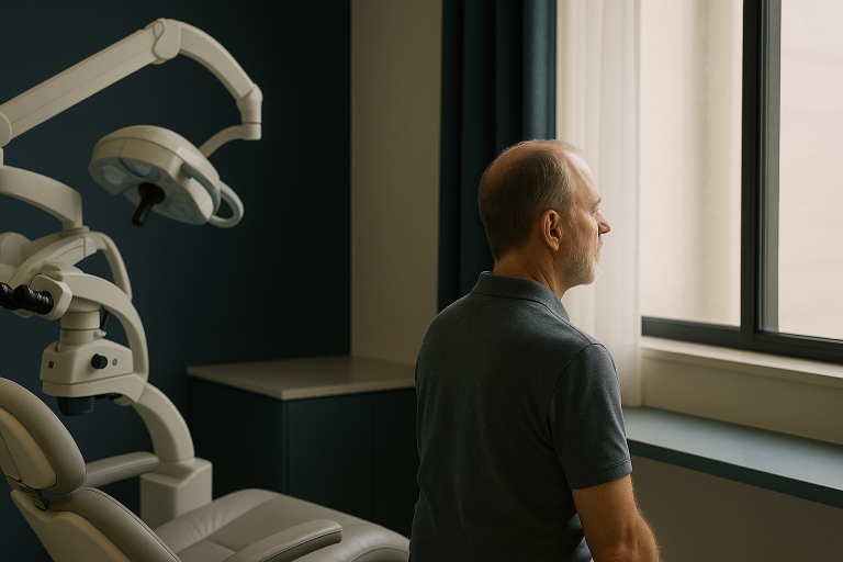 A hair transplant clinic where a surgeon discusses hair transplant expenses with a patient.