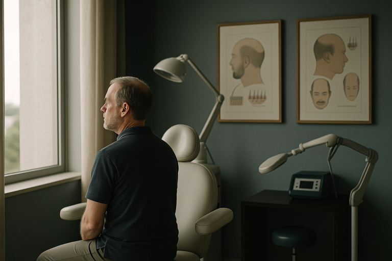 Patient discussing hair transplant options with a specialist in a hair restoration clinic.