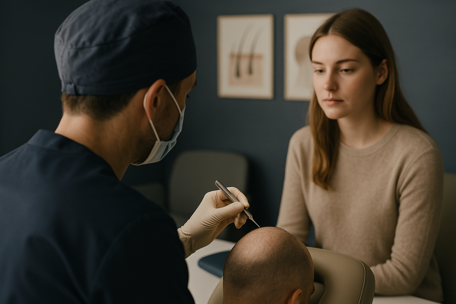 Hair transplant clinic showcasing FUE technique with surgeon and medical tools.