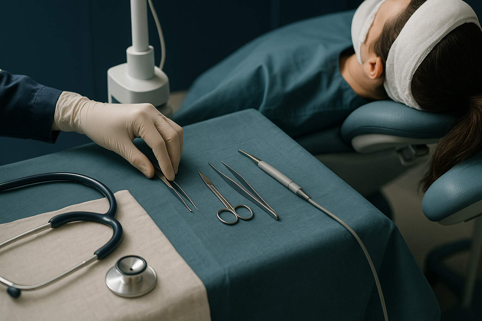Patient undergoing long hair transplant with FUE technique in a modern surgical setting.