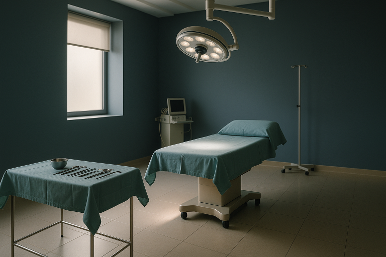 Operating theatre set up for hairline lowering surgery with surgical instruments and medical team.
