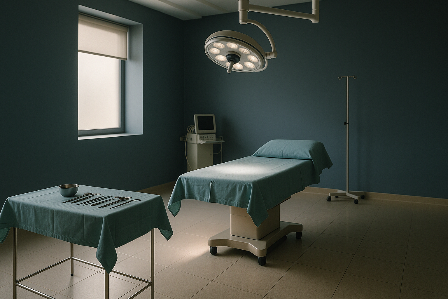 Operating theatre set up for hairline lowering surgery with surgical instruments and medical team.