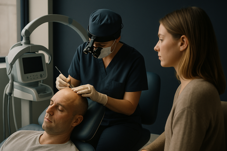 Hairline transplant procedure in a modern clinic with advanced equipment.