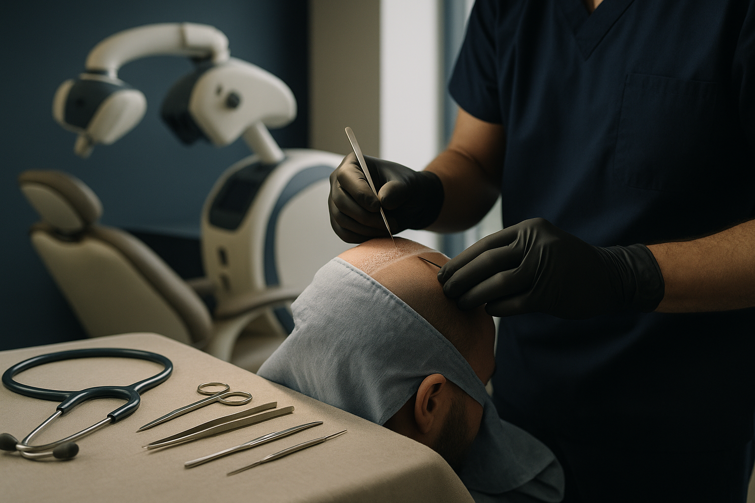 Hairline transplant procedure in a modern clinic, demonstrating advanced techniques.