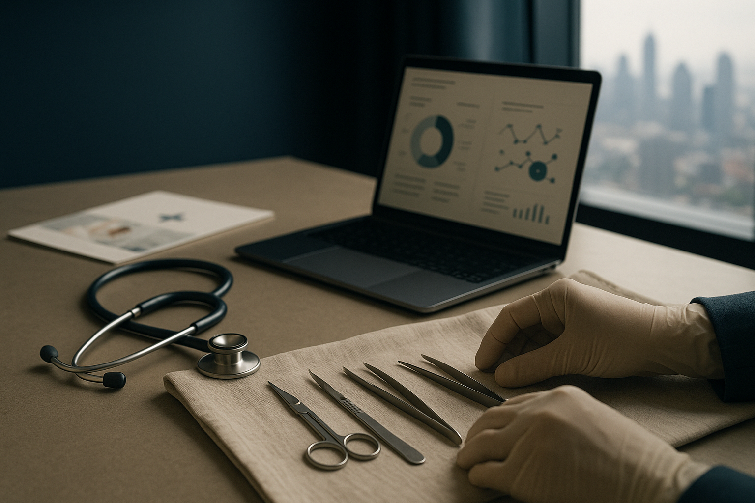 Health tourism strategy session with healthcare marketing materials and digital tools.
