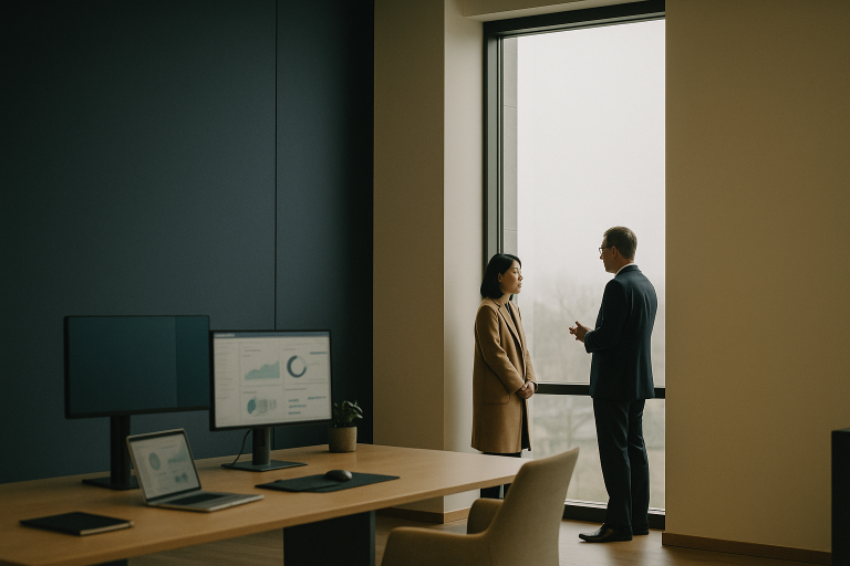 A healthcare executive workspace with digital marketing tools and data analytics dashboards, illustrating health tourism news today.