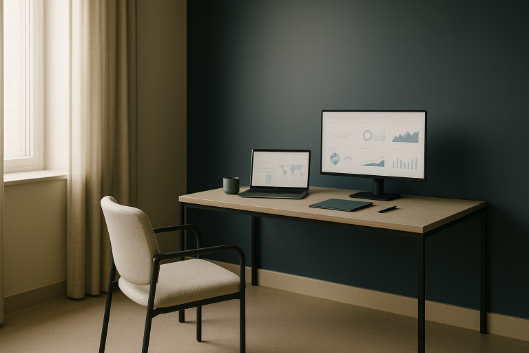 Executive workspace with healthcare advertising strategies displayed on screens.