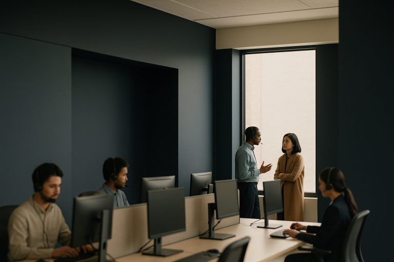 Healthcare call center outsourcing environment with contact center software and diverse staff.