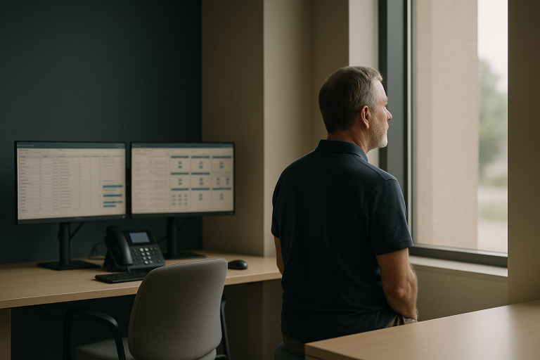 Healthcare call center services in a modern executive workspace.