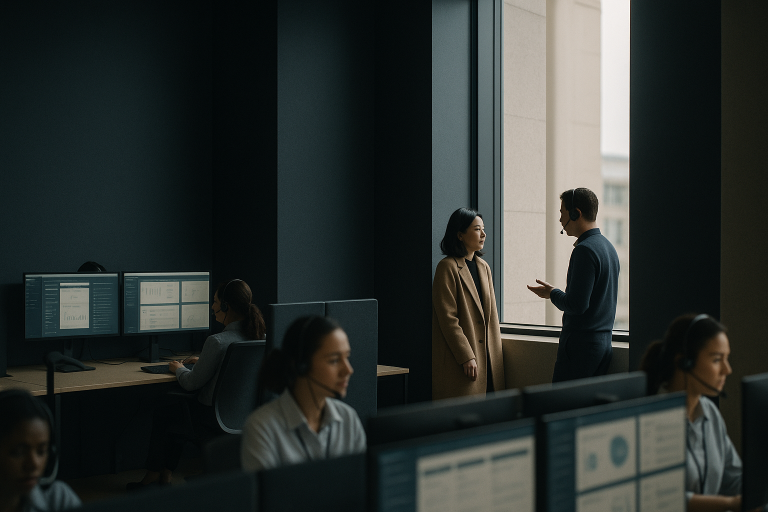 Healthcare call center solutions in action with staff at computers using advanced software interfaces.