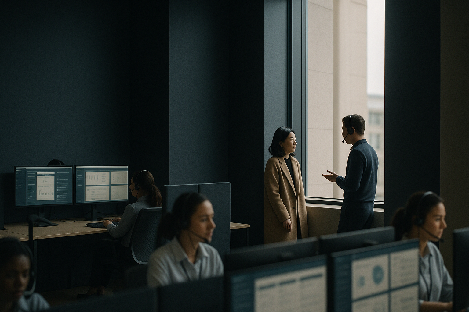 Healthcare call center solutions in action with staff at computers using advanced software interfaces.