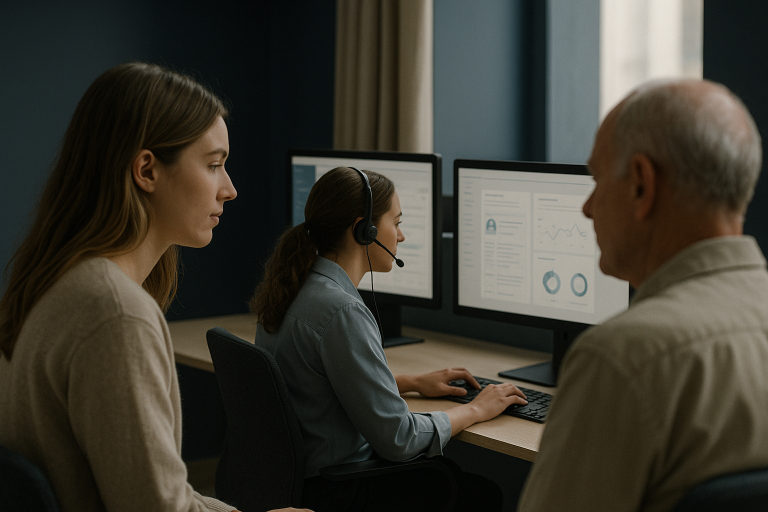 Healthcare contact center with agents utilizing call center software and AI technology.