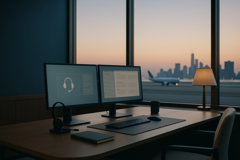 Healthcare contact center software discussion in a modern executive workspace.