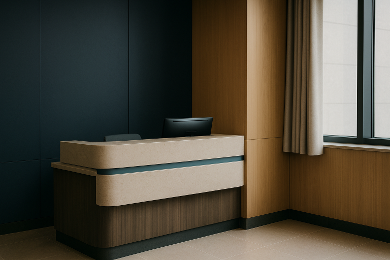 Healthcare in Turkey: Modern hospital reception with international patients.