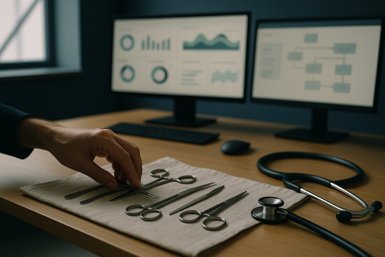 Executive leaders discussing healthcare marketing ideas in a modern office setting with digital screens.