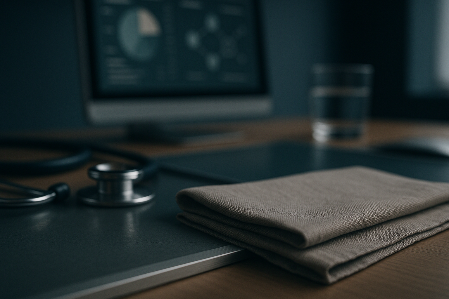 Healthcare marketing strategy displayed on digital screens in an executive workspace.