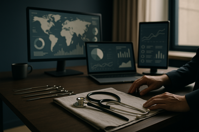 Healthcare marketing trends displayed on digital screens in an executive workspace.