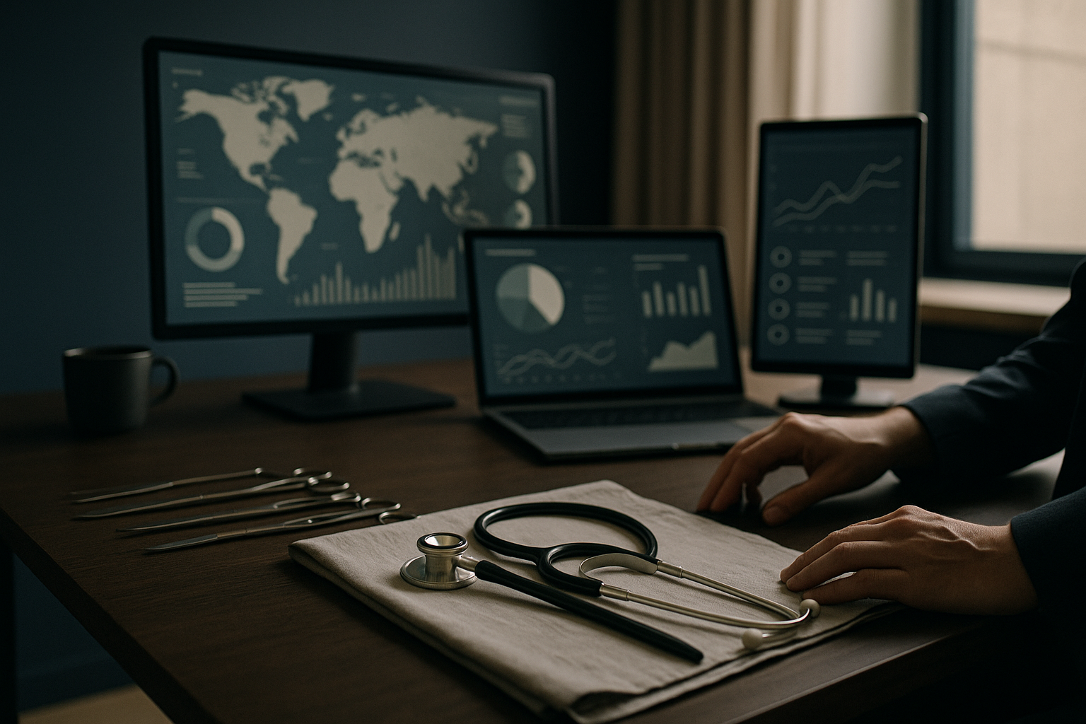 Healthcare marketing trends displayed on digital screens in an executive workspace.